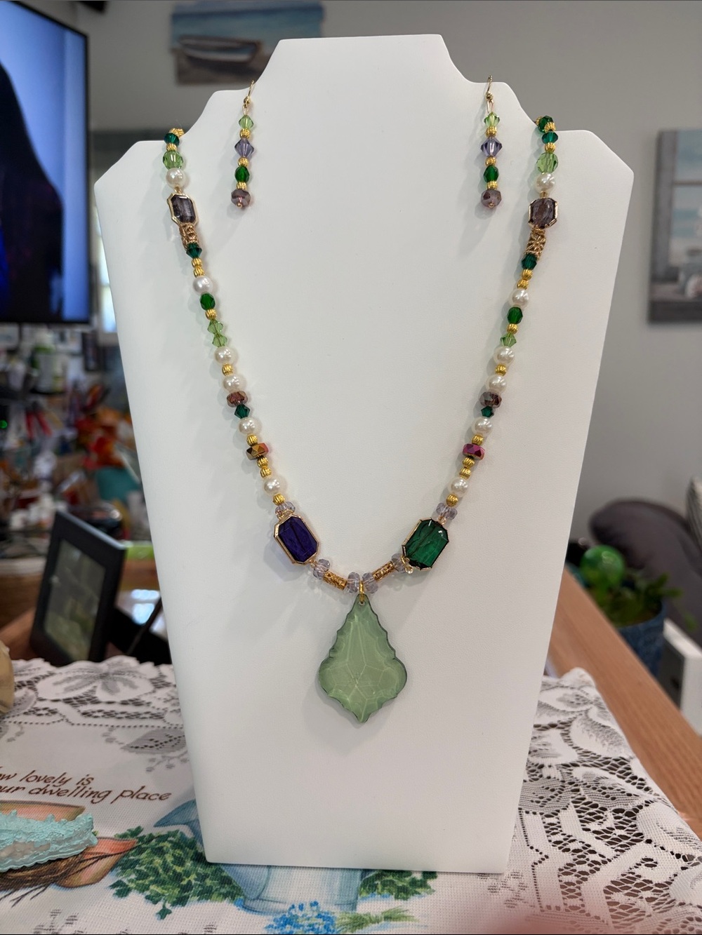 Handmade Green Glass Pendant Necklace with Multicolor Beads by